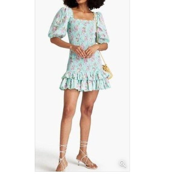 BYTIMO Dresses & Skirts - BYTIMO Dropped Waist Camelia Shirred Floral-print Cotton Mini Dress Turquoise M